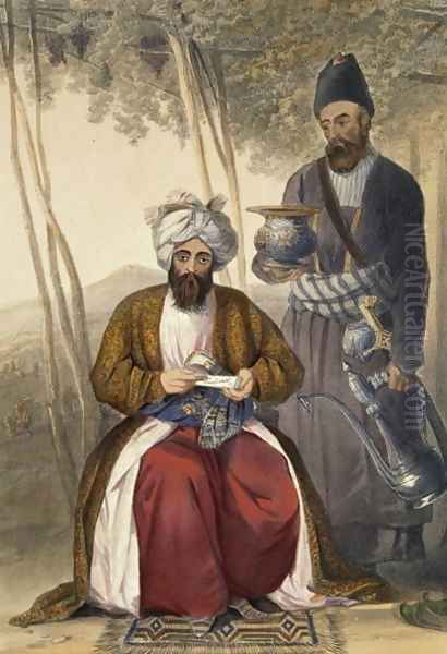 Mahommed Naib Shurreef, a Celebrated Kuzzilbach Chief of Caubul and his Peshkhidmut or Head Attendant, plate 15 from Scenery, Inhabitants and Costumes of Afghanistan, engraved by Robert Carrick c.1829-1904 1848 - view 1