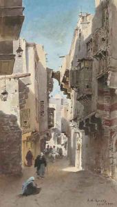A street scene in Cairo by Alexandre Nicolaievitch Roussoff