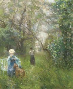 Tea in a sunlit glade by Alfred Roll