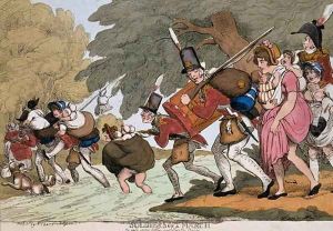 Soldiers on a march, engraving by G.M.Woodward, published 1811 by Thomas Rowlandson