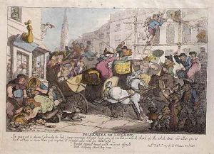 Miseries of London Breast against breast with ruinous assault and deadly shock they come, pub. by Ackermann, 1807 by Thomas Rowlandson