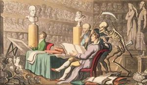 Time and Death their Thoughts Impart-On Works of Learning and of Art, from the English Dance of Death pub. by Rudolph Ackermann 1764-1834 1814 by Thomas Rowlandson