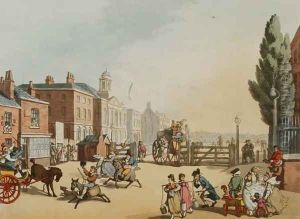 Entrance of Tottenham Court Road Turnpike with a view of St. Jamess Chapel, engraved by Heinrich Joseph Schutz 1760-1822, pub. 1809 by Thomas Rowlandson