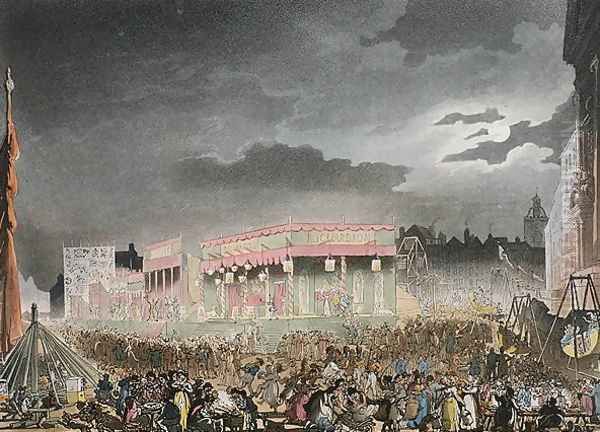 Bartholomew Fair, from the Microcosm of London, or London in Miniature, Vol. I, by Rudolph Ackerman, engraved by J. Bluch by Thomas Rowlandson