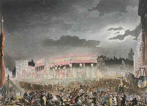 Bartholomew Fair, from the Microcosm of London, or London in Miniature, Vol. I, by Rudolph Ackerman, engraved by J. Bluch by Thomas Rowlandson