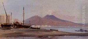 Fishing Boats Along The Sorrentine Coast With A View Of Mount Vesuvius by Alphee De Regny