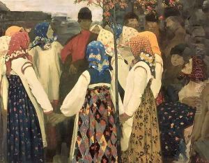 A lad has wormed his way into the girls round dance, 1902 by Andrei Petrovich Ryabushkin