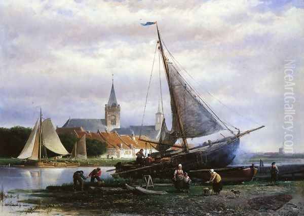 A River Landscape with a Fishing Boat on a Shipyard, a Village Beyond - view 1