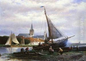 A River Landscape with a Fishing Boat on a Shipyard, a Village Beyond