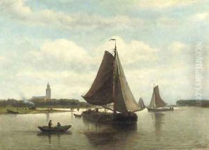 Shipping on a calm, a village beyond