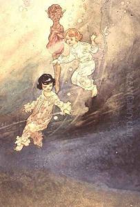 Untitled Watercolour, Children Underwater with an Elf by Charles Robinson