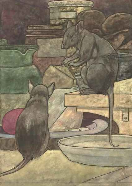 An illustration for Aesop's Fables The field mouse and the town mouse - view 1