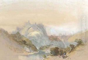 Figures on a country road in a mountainous landscape by William Richardson