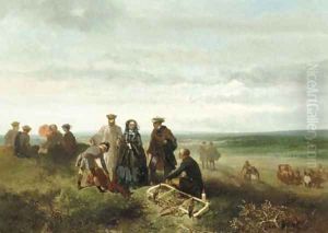 An elegant company during a falcon hunt