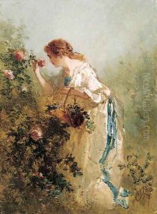 An elegant lady picking roses