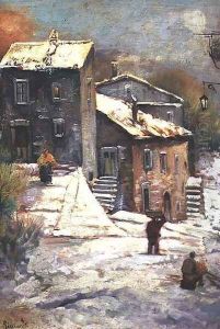 Figures in a Snowy Village by Oscar Ricciardi