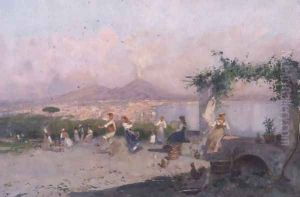 The Bay of Naples with Figures Dancing in the Foreground by Oscar Ricciardi