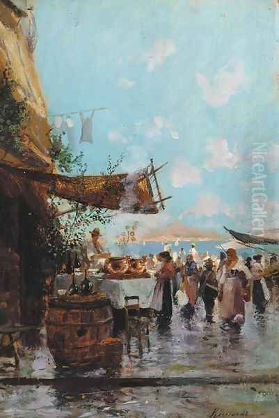 A market by the bay of Naples with mount Vesuvius beyond - view 1
