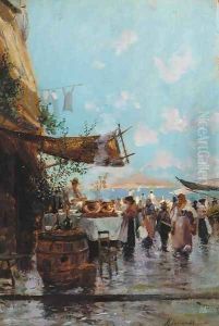 A market by the bay of Naples with mount Vesuvius beyond by Oscar Ricciardi