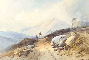 Highland figures on a track in a mountainous landscape by Thomas Charles Leeson Rowbotham
