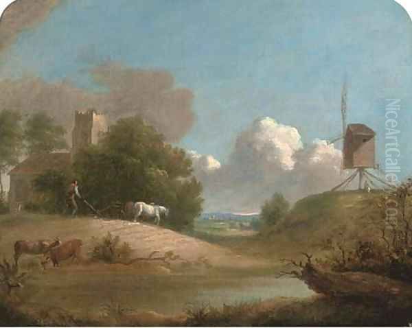 A plough team and a windmill in an extensive landscape - view 1