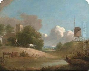 A plough team and a windmill in an extensive landscape by John Inigo Richards
