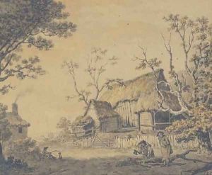 Figures outside a cottage by John Inigo Richards