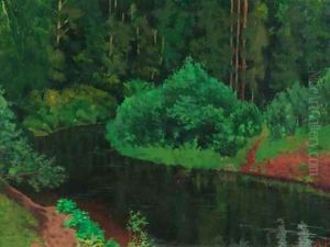 Wooded Landscape with River by Arkadij Aleksandrovic Rylov