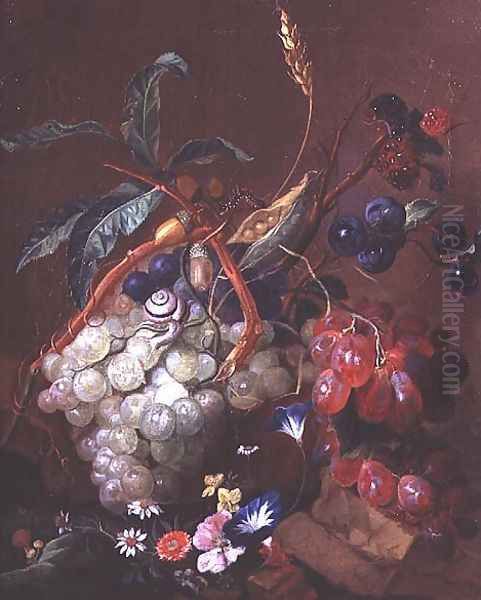 Still life with fruit, wheat and insects - view 1