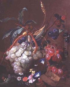 Still life with fruit, wheat and insects by Coenraet Roepel