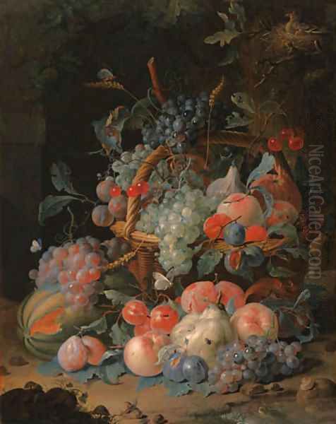 Grapes, cherries, plums, raspberries, tangerines, apples, oranges, peaches, pears, apricots and ears of corn in a basket, with a melon and other fruit - view 1