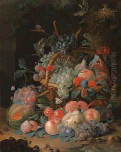 Grapes, cherries, plums, raspberries, tangerines, apples, oranges, peaches, pears, apricots and ears of corn in a basket, with a melon and other fruit