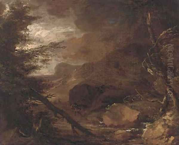 Figures struggling against a storm in a wooded landscape - view 1