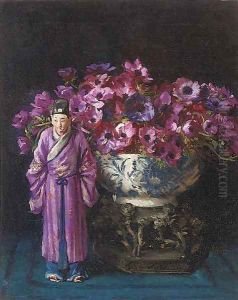 An Oriental figurine before a vase of anemones