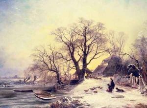 Figures outside a cottage in winter