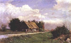 A wooded landscape with figures by a cottage by Gustaf Fredrik Rydberg
