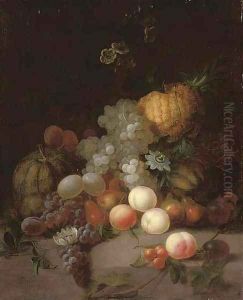 A pineapple, a watermelon, grapes, pears, peaches and other fruits with flowers on a stone ledge by Joseph Rhodes
