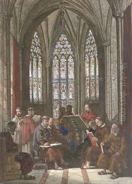 Monks reading in the vestry - view 1