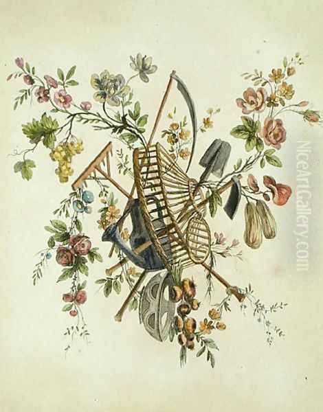 A garden textile design, from Oeuvre contenant un Receuil de Trophees, Attributs, Cartouches, Vases, Fleurs, Ornemens, et Plusieurs Dessins agreeables pour broder les Fauteuils, engraved by Etienne Claude Voysard 1746-1816 - view 1