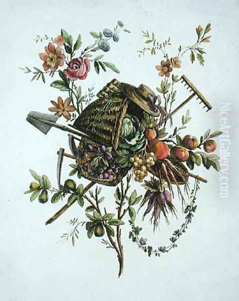 A garden textile design, from Oeuvre contenant un Receuil de Trophees, Attributs, Cartouches, Vases, Fleurs, Ornemens, et Plusieurs Dessins agreeables pour broder les Fauteuils, engraved by Etienne Claude Voysard 1746-1816 2 - view 1