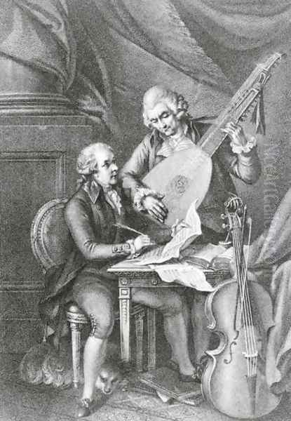 Portrait of Franz Joseph Haydn 1732-1809 and Wolfgang Amadeus Mozart 1756-91 composing music for the lute, engraved by Michele Benedetti 1745-1810 - view 1