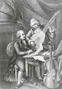 Portrait of Franz Joseph Haydn 1732-1809 and Wolfgang Amadeus Mozart 1756-91 composing music for the lute, engraved by Michele Benedetti 1745-1810 by John Francis Rigaud