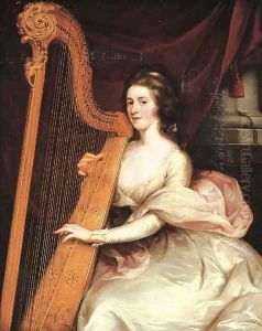 Portrait of Lady Jane Mildmay, seated three-quarter-length, in a white silk dress playing the harp