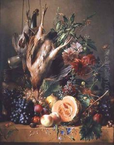Partridges, grapes, plums, peaches, a melon and chrysanthemums on a ledge by Hendrik Reekers