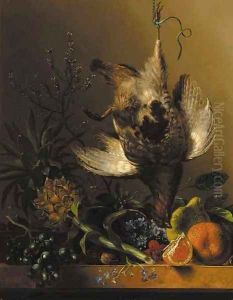 A still life with flowers, tropical fruit and a partridge by Hendrik Reekers