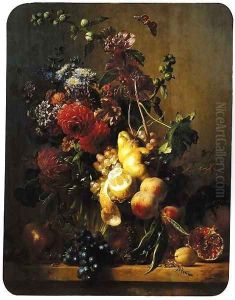 A still life with dahlias, hollyhocks and other flowers in a glass vase and fruit on a gilt tazza by Hendrik Reekers