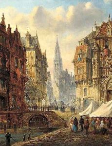 Figures by a canal in a Continental market town