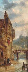 A Continental town view with figures by a canal by Felice A. Rezia