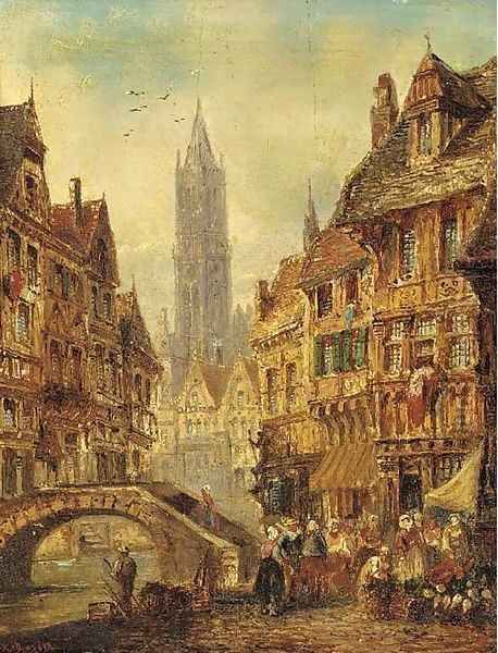 Figures by a bridge, a continental town - view 1