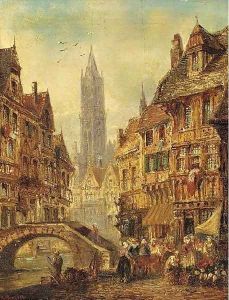 Figures by a bridge, a continental town by Felice A. Rezia